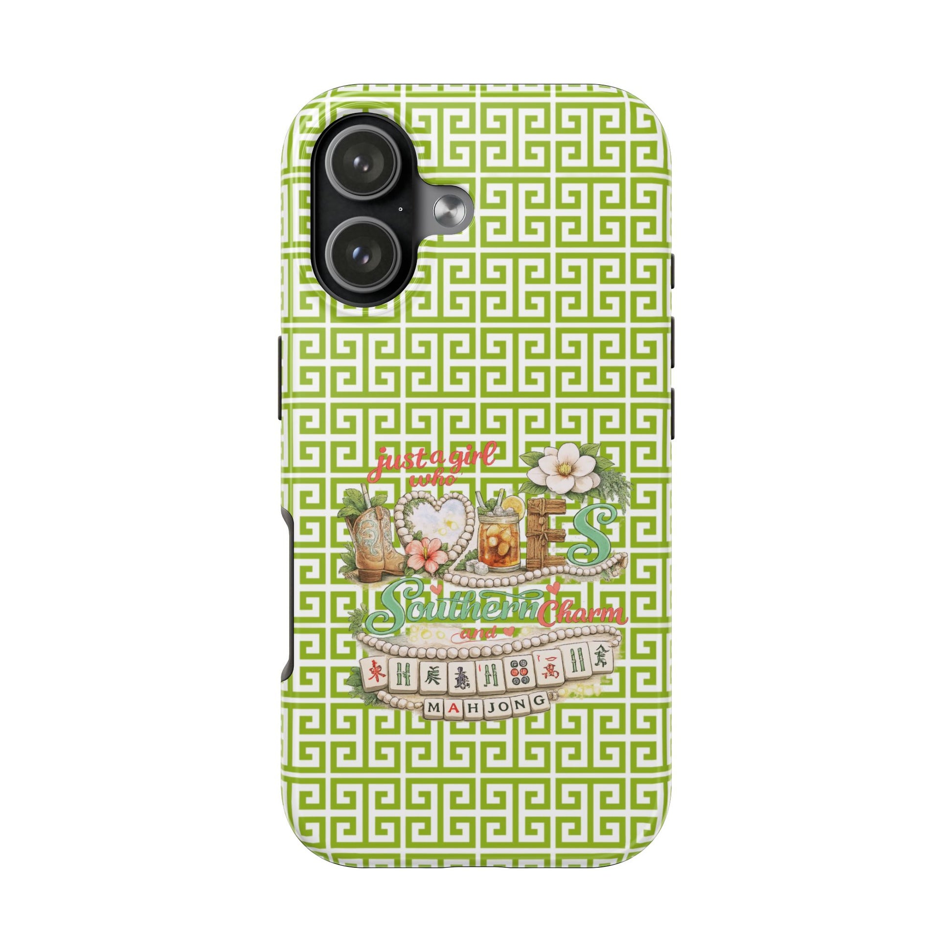 Mahjong Floral Pattern Just A Girl Who Loves Southern Charm and Mahjong Phone Case | Green Geometric Background - Splash of Color Co.