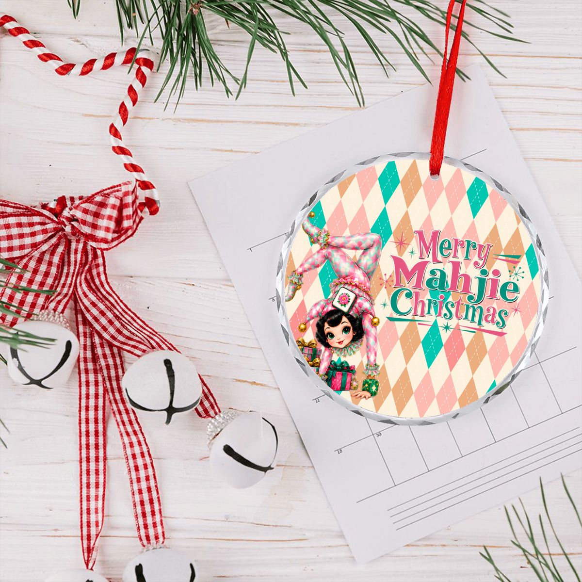 Merry Mahjie Christmas Flipping For Mahjong Harlequin Designed Round Glass Christmas Ornament