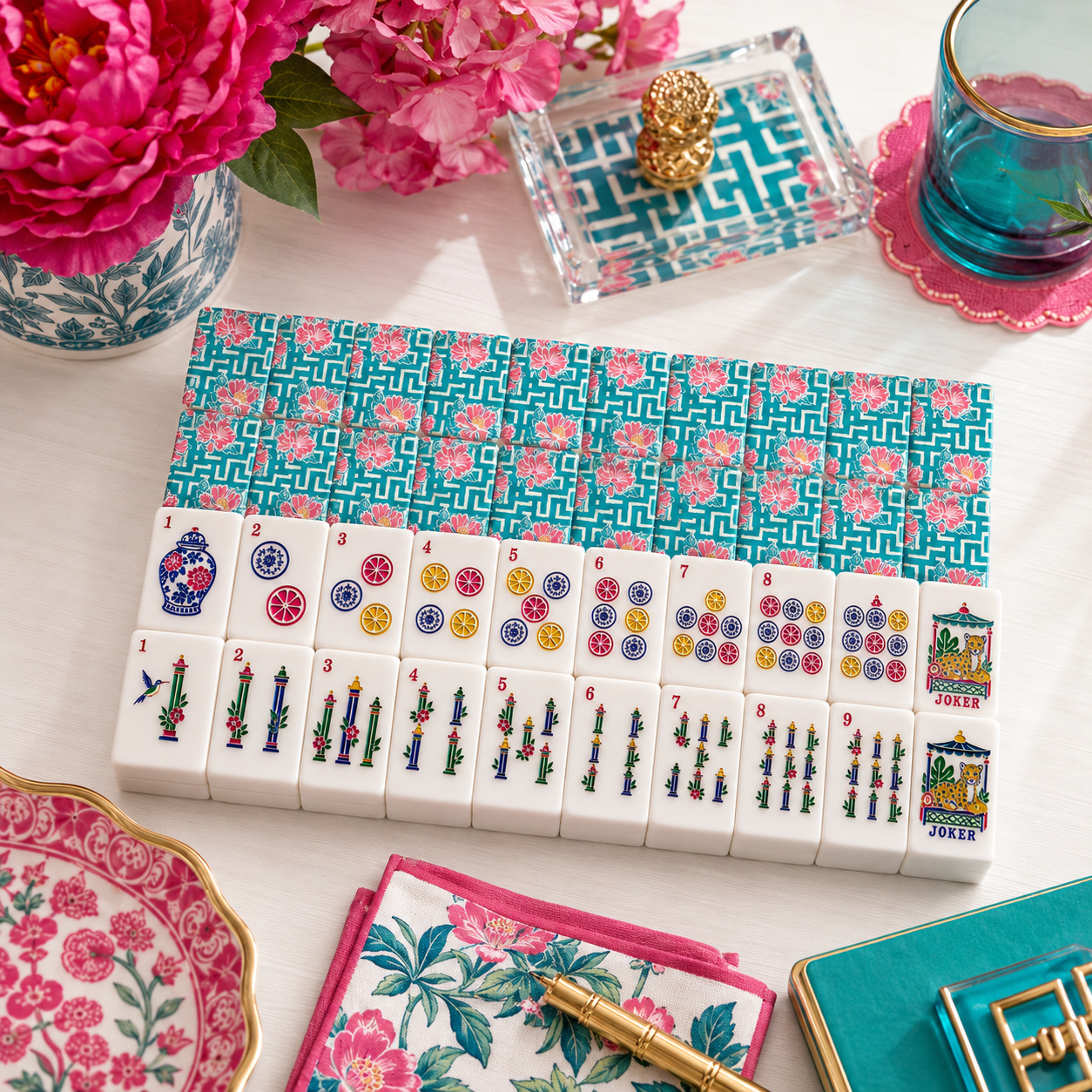 Greek Key Tropical Hibiscus American Mahjong Chinoiserie Pastel Tiles