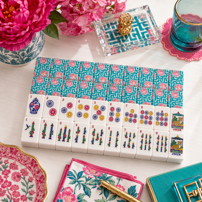 Greek Key Tropical Hibiscus American Mahjong Chinoiserie Pastel Tiles