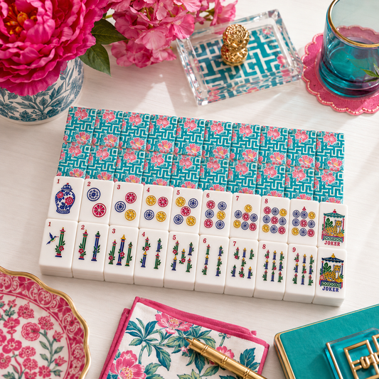 Greek Key Tropical Hibiscus American Mahjong Chinoiserie Pastel Tiles - Splash Of Mahj And Color Co.