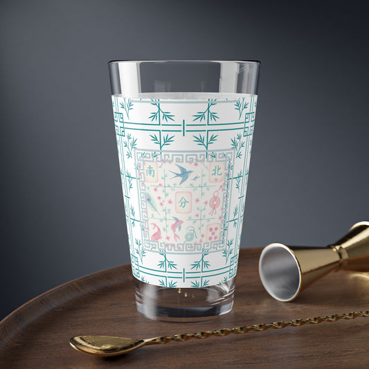 Mahjong Drinkware, Pastel Tiles, Charming Mixing Glass, 16oz – Vintage Floral Design, Perfect Mahjong Gift