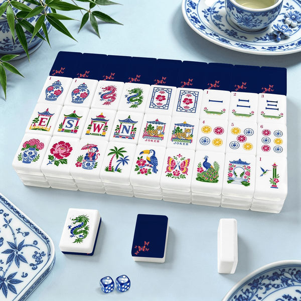 Royal Blue Butterfly Chinoiserie Engraved Mahjong Tiles And Carry Case - Splash Of Mahj And Color Co.