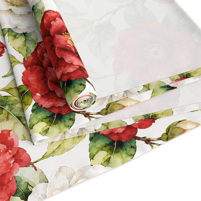 Red & White Camellia Floral Table Runner — Decorative Cotton - Poly Dining Accent - Splash Of Mahj And Color Co.