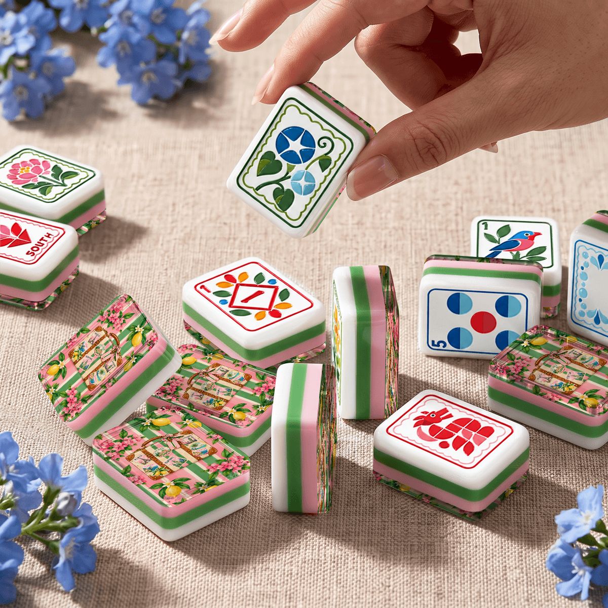Preppy World Traveler Modern Folk American Mahjong Tiles 4 Layer Acrylic With Carry Case - Splash Of Mahj And Color Co.