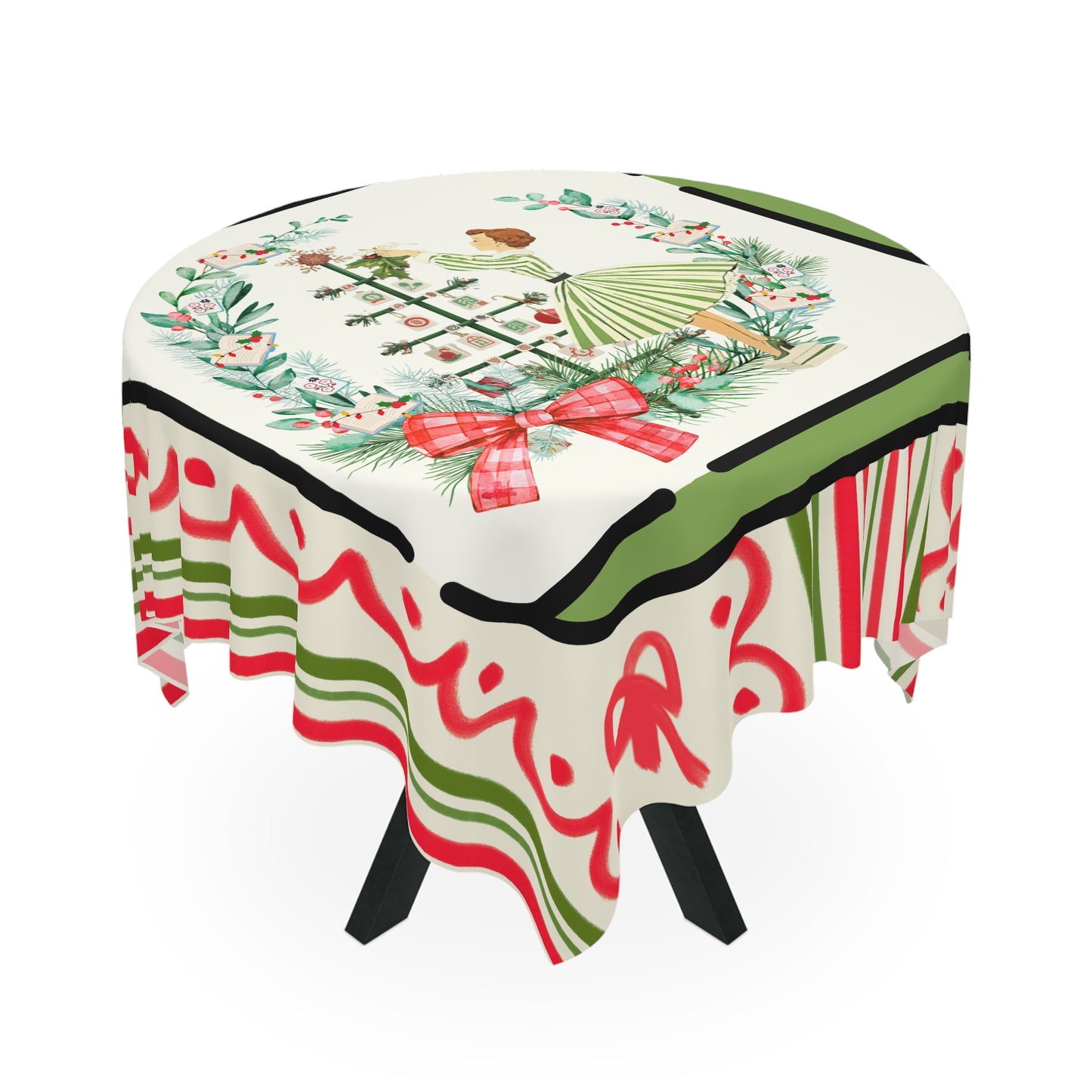 Vintage Girl Mahjong Christmas Tablecloth - Whimsical Holiday Stripe & Wreath Table Cover - Splash of Color Co.