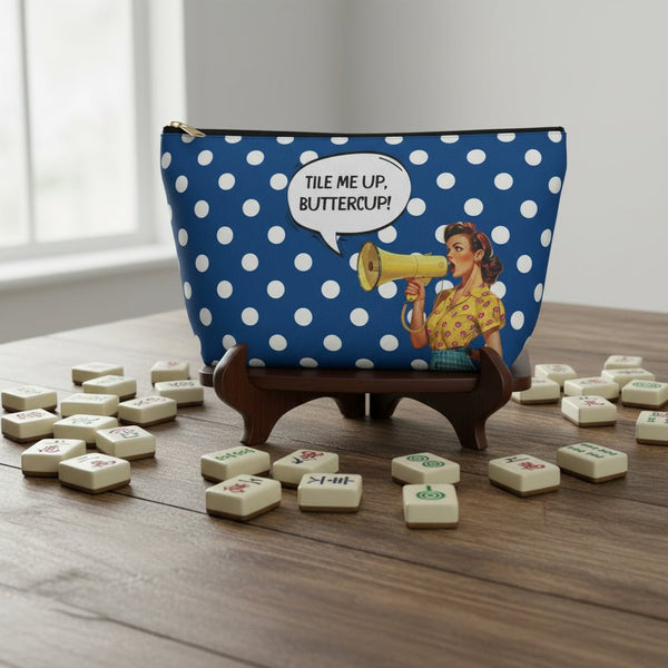 Mahjong Tile Accessory Pouch, Blue White Polka Dot T - bottom Bag for Mahj Lover Gifts, Funny Quotes, Vintage Style, Zipper Case - Splash of Color Co.