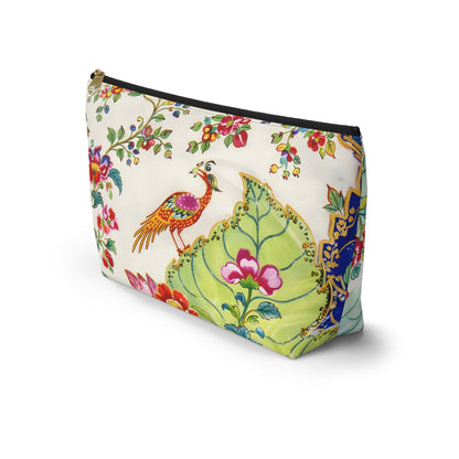 Tobacco Leaf Floral Bird Accessory Pouch — Chinoiserie Mahjong Tile Bag with T‑Bottom - Splash of Color Co.