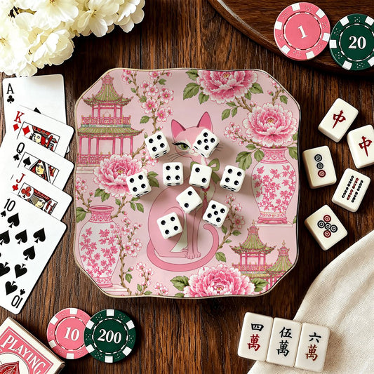 Pink Peony Pagoda Purr Scalloped Ceramic Mahjong Dice Tray - Splash Of Mahj And Color Co.