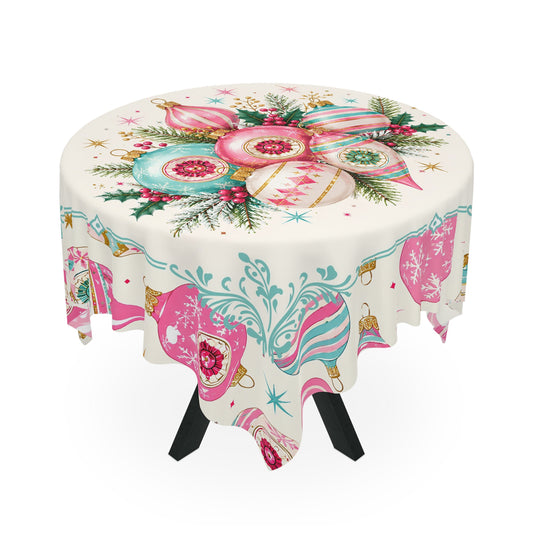 Shiny Brite Christmas Vintage Pink Teal Ornaments Holiday Tablecloth - Splash Of Mahj And Color Co.