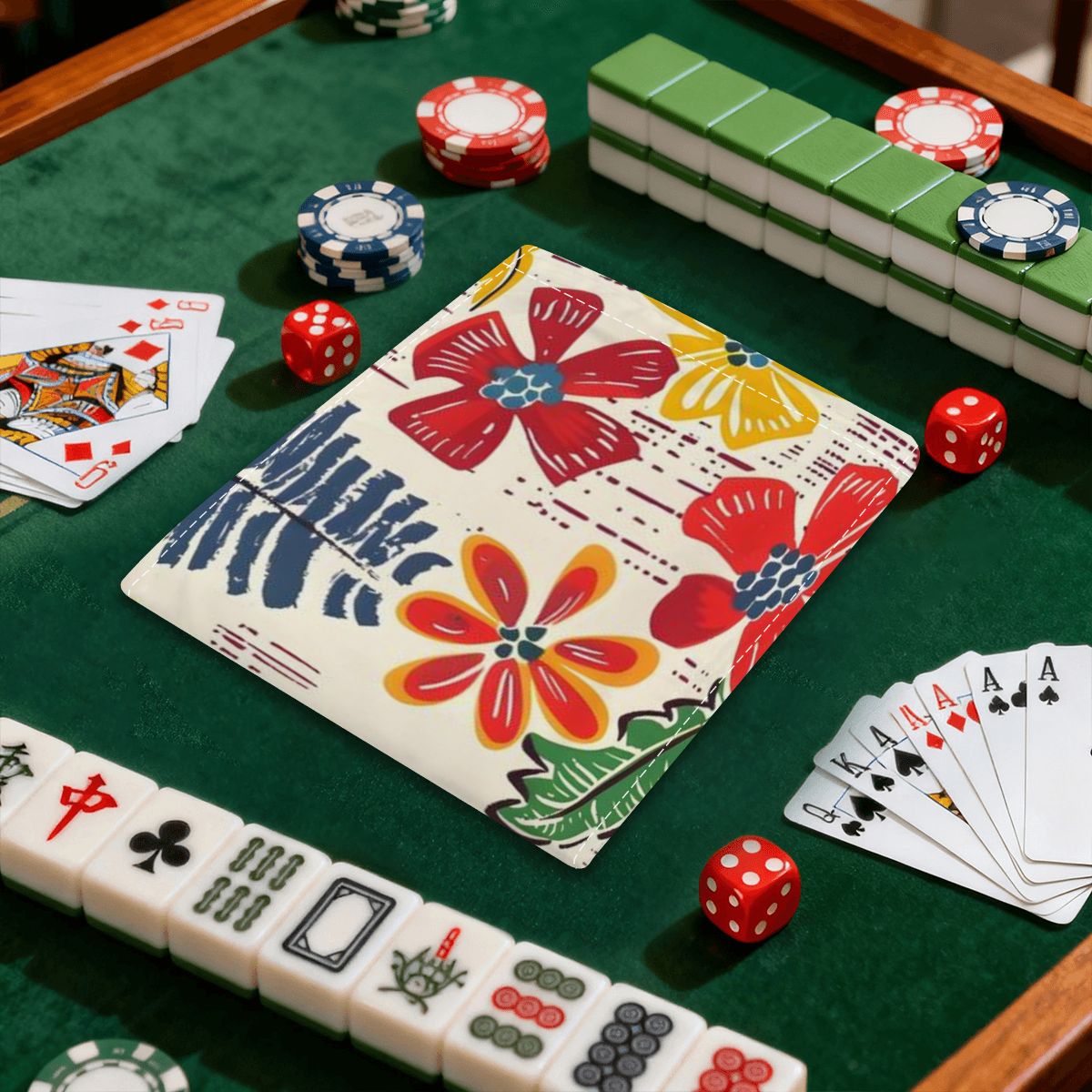 Floral Heritage Red Blue Yellow Flowers 4 Mahjong Card Holder with Line Finder - Splash of Color Co.