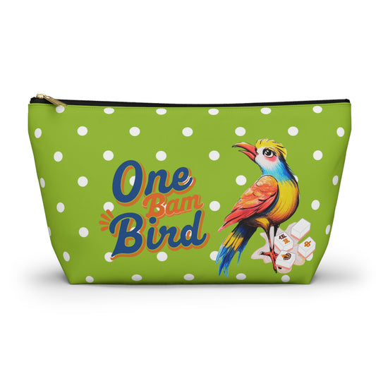 Whimsical Mahjong Tile Tote Pouch, Green Citrus Polka Dot One Bam Bird Colorful Bird Mahj Gift