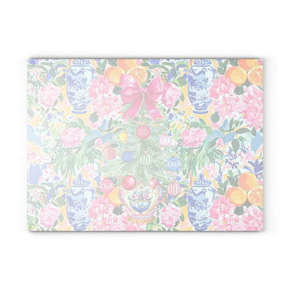 Christmas Chinoiserie Floral Festive Floral Glass Cutting Board - Holiday Kitchen Decor - Splash of Color Co.
