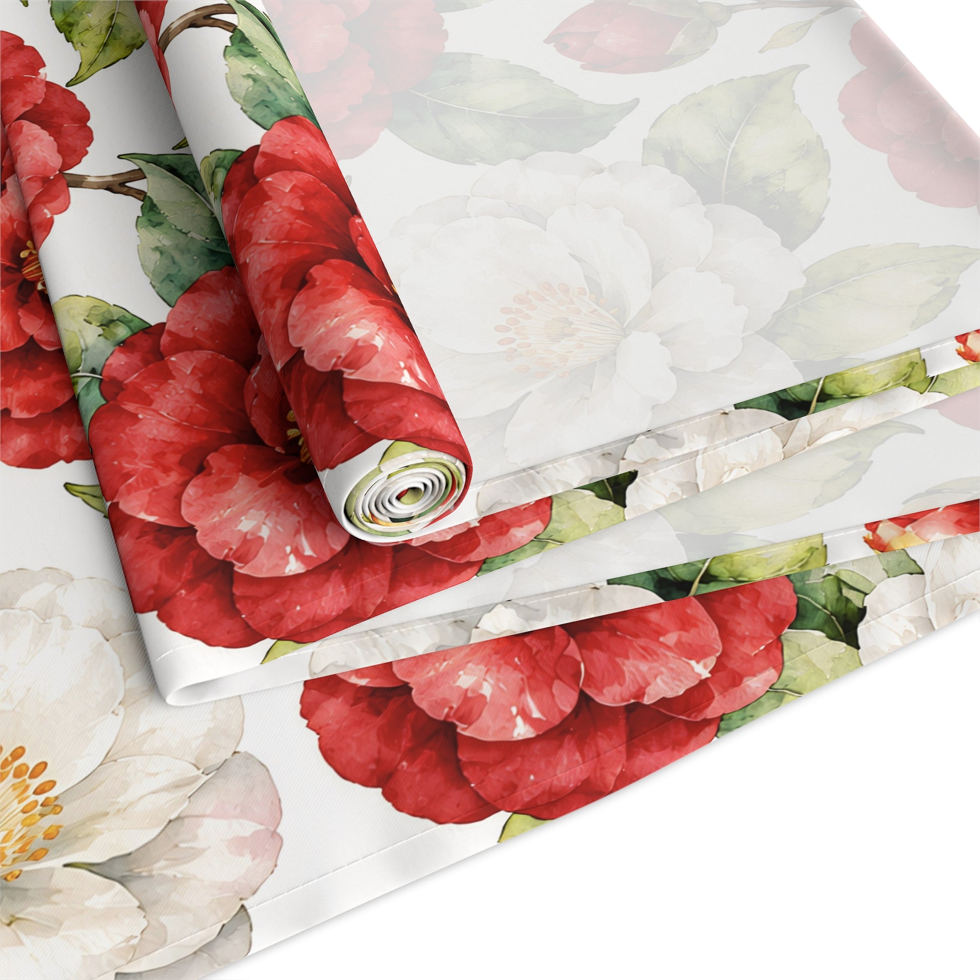Red & White Camellia Floral Table Runner — Decorative Cotton - Poly Dining Accent - Splash Of Mahj And Color Co.