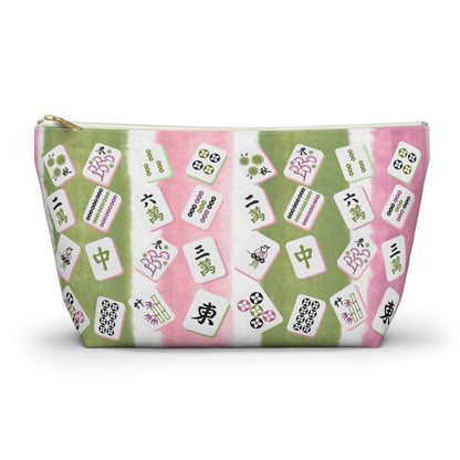 Mahjong Tile Pouch, Mahj Lover Gift, Cosmetic Bag, Pastel Pink Green Striped With Mahjong Tiles