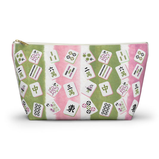Mahjong Tile Pouch, Mahj Lover Gift, Cosmetic Bag, Pastel Pink Green Striped With Mahjong Tiles