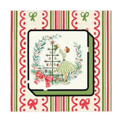 Vintage Girl Mahjong Christmas Tablecloth - Whimsical Holiday Stripe & Wreath Table Cover - Splash of Color Co.