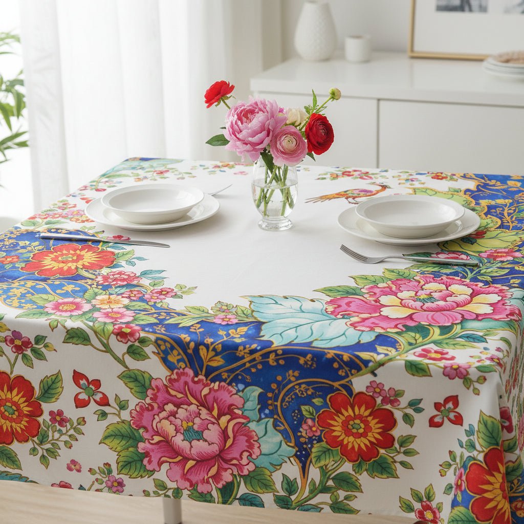 Tobacco Leaf Floral Bird Border Tablecloth — Vibrant Vintage - Inspired Dining Linen - Splash of Color Co.