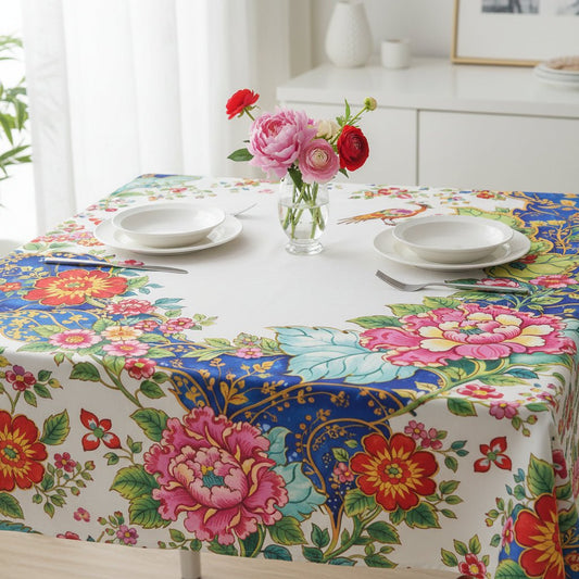 Tobacco Leaf Floral Bird Border Tablecloth — Vibrant Vintage - Inspired Dining Linen - Splash of Color Co.