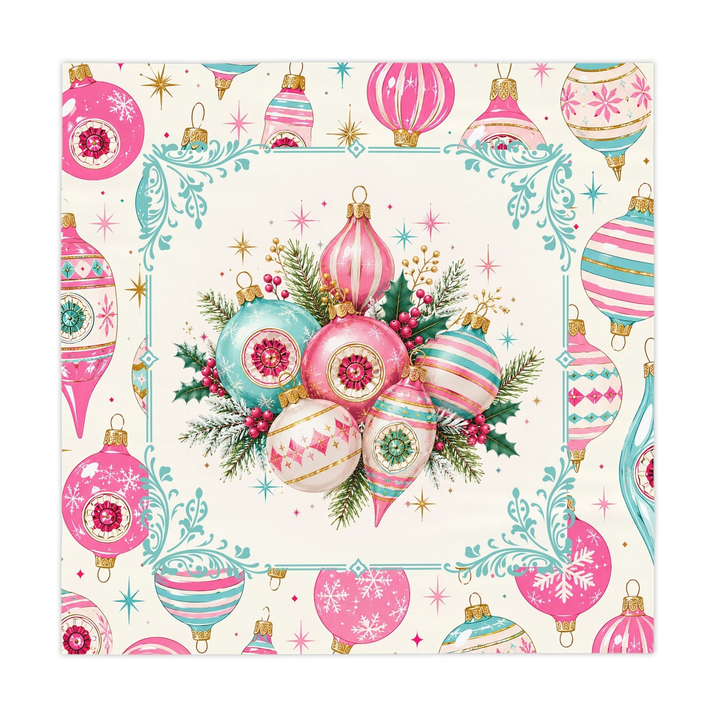 Shiny Brite Christmas Vintage Pink Teal Ornaments Holiday Tablecloth