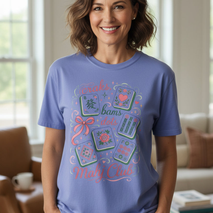 Mahjong Club T-Shirt — Cute Mahjong Tiles Graphic Tee (Crak! Bams Dots)