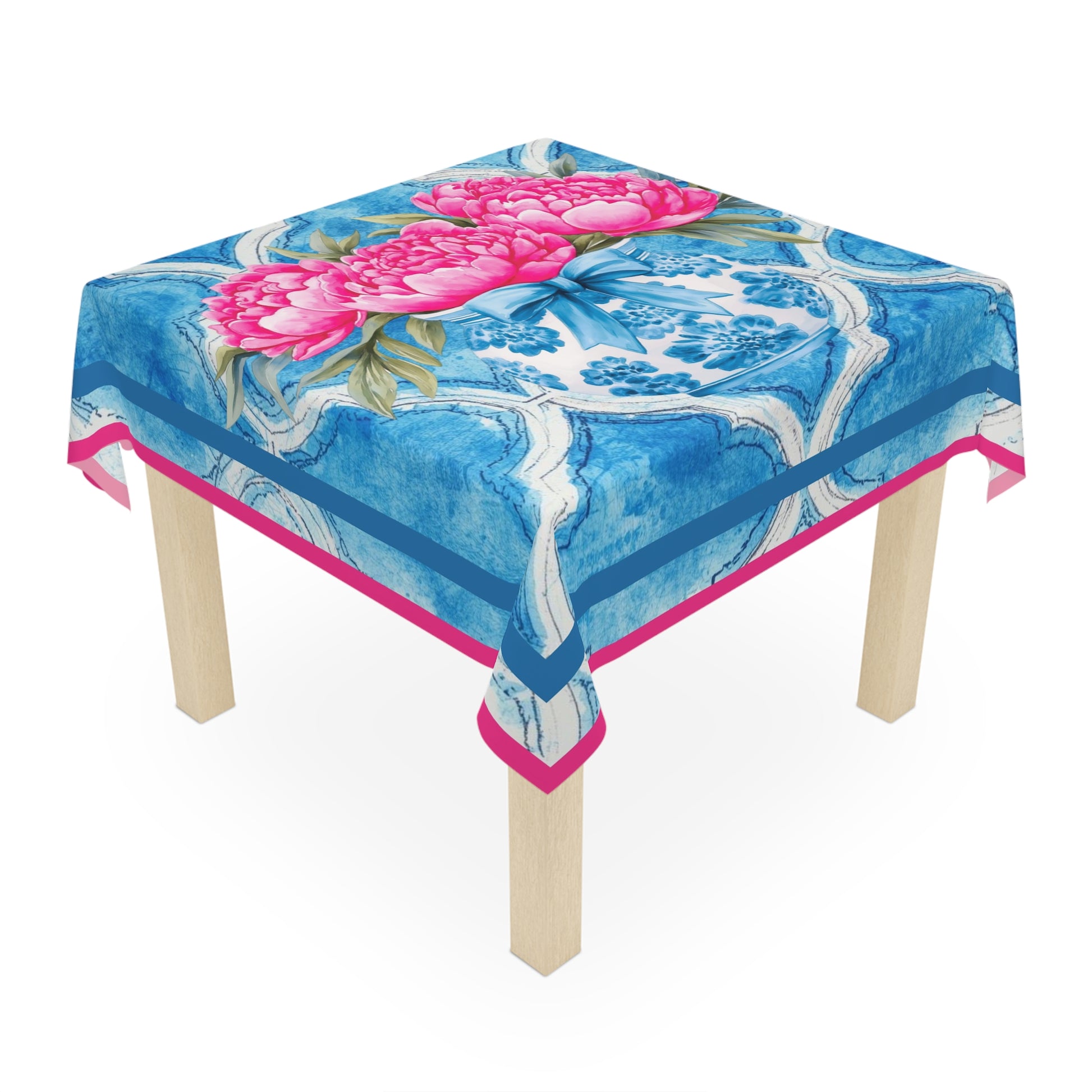 Blue Watercolor Asian Chinoiserie Tile Tablecloth With Pink Peonies - Splash of Color Co.