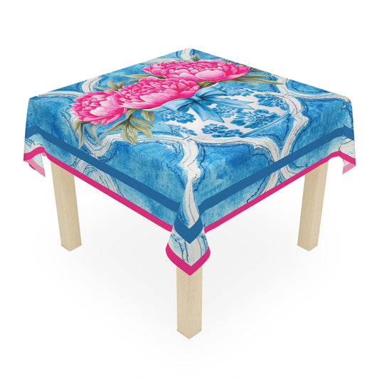 Blue Watercolor Asian Chinoiserie Tile Tablecloth With Pink Peonies - Splash of Color Co.