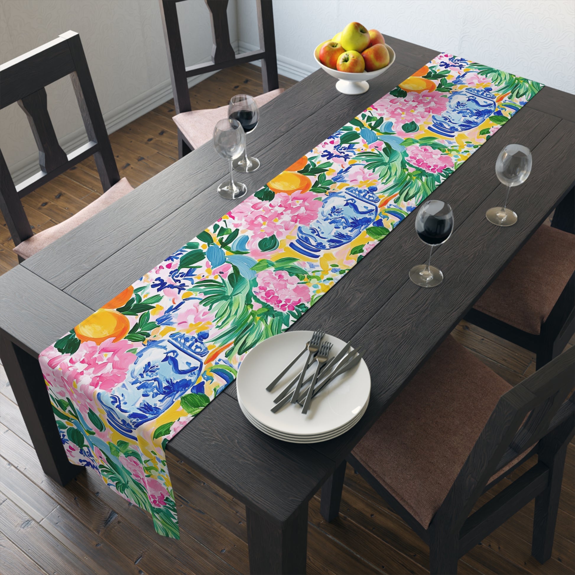 Chinoiserie Citrus Floral Vibrant Table Runner with Classic Vases - Splash of Color Co.