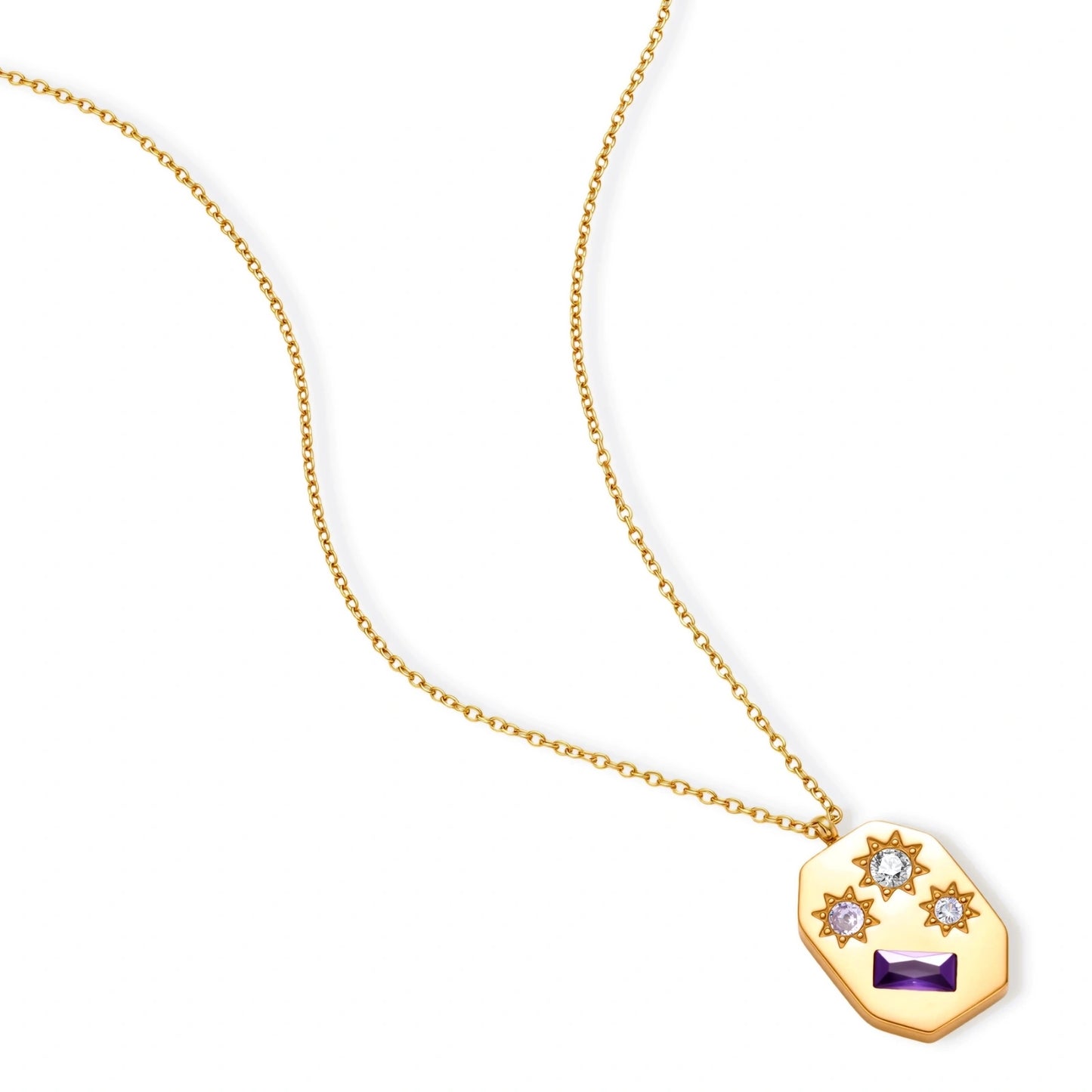 Gold-plated octagonal pendant necklace with engraved star motifs, purple baguette CZ, lavender and clear round stones on chain.