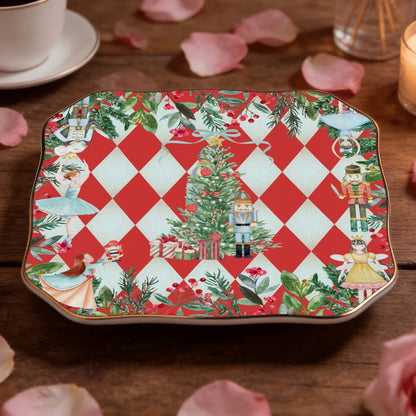 Harlequin Nutcracker Christmas Scalloped Ceramic Mahjong Dice Tray