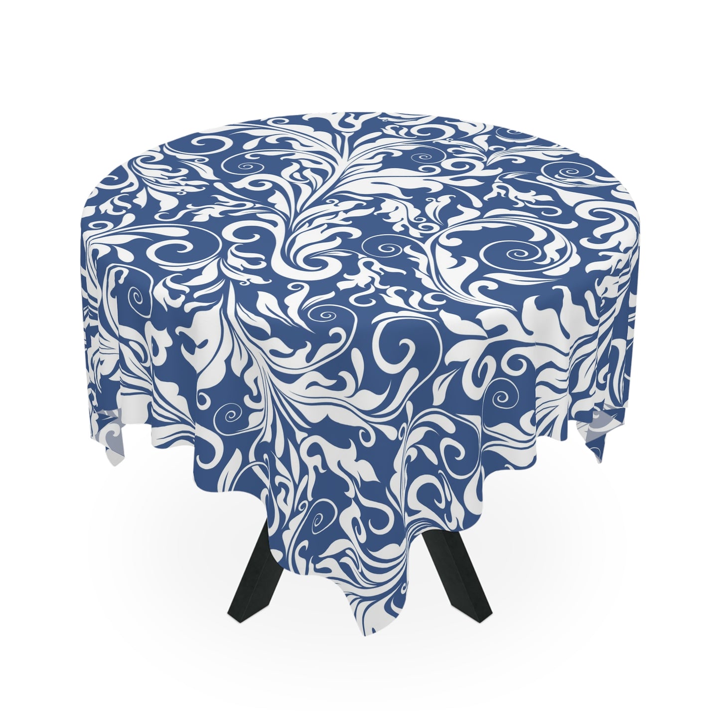 Blue Floral Scroll Tablecloth — Elegant Damask Table Cover for Dining & Entertaining - Splash of Color Co.