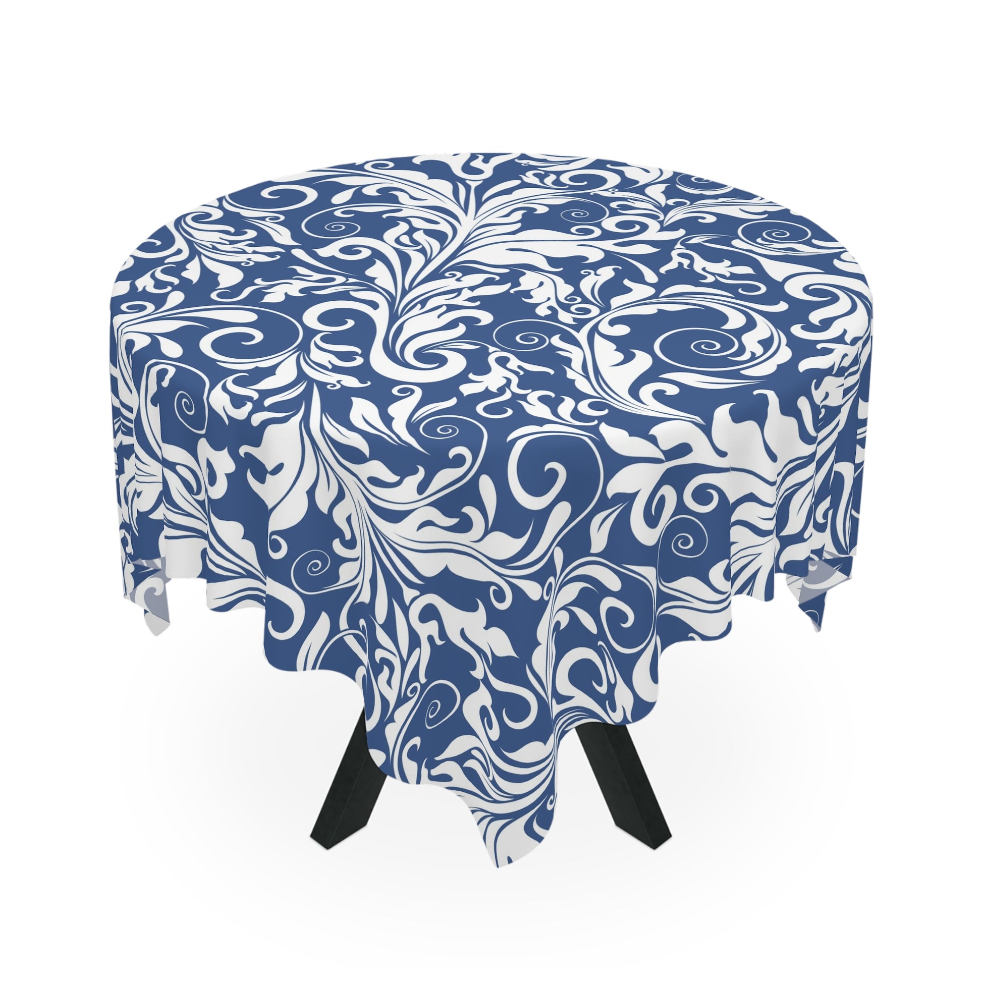 Blue Floral Scroll Tablecloth — Elegant Damask Table Cover for Dining & Entertaining - Splash of Color Co.