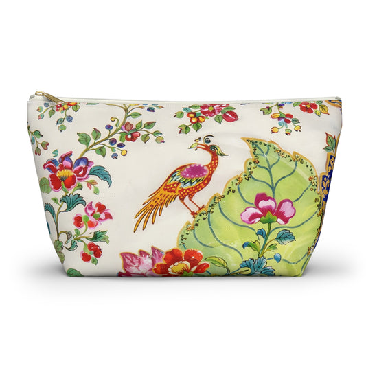 Tobacco Leaf Floral Bird Accessory Pouch — Chinoiserie Mahjong Tile Bag with T‑Bottom - Splash of Color Co.