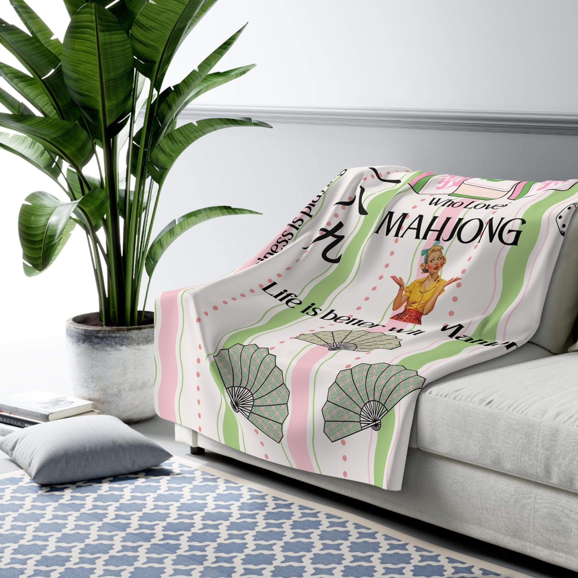 Mahjong Sherpa Blanket — "Just A Girl Who Loves Mahjong" Cozy Fleece Throw - Splash of Color Co.