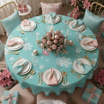 Shiny Brite Aqua Snowflake Tablecloth with Pink Ornaments — Holiday Winter Table Cover - Splash Of Mahj And Color Co.