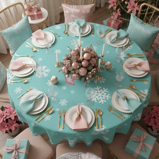 Shiny Brite Aqua Snowflake Tablecloth with Pink Ornaments — Holiday Winter Table Cover - Splash Of Mahj And Color Co.