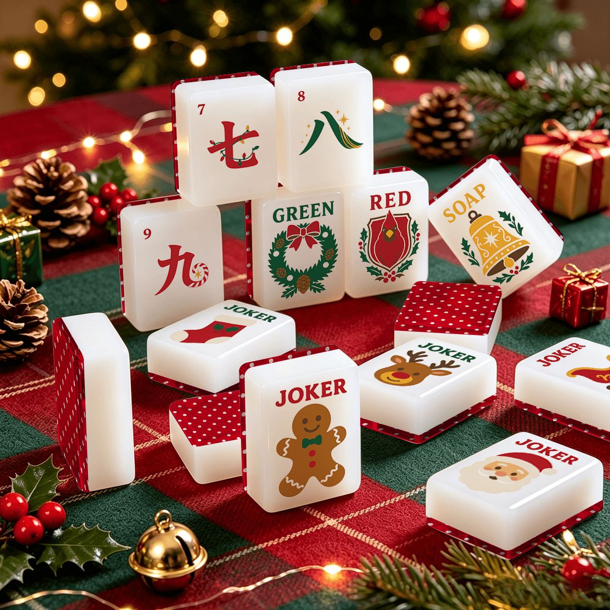 Red And White Polka Dot Christmas Classic Traditional Mahjong Tiles And Carry Case