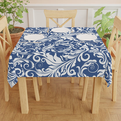 Blue Floral Scroll Tablecloth — Elegant Damask Table Cover for Dining & Entertaining - Splash of Color Co.