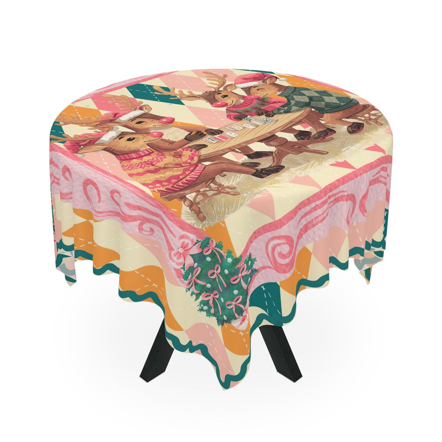 Mahjong Lover Reindeer Tablecloth, Festive Holiday Argyle Pastel Design - Splash of Color Co.