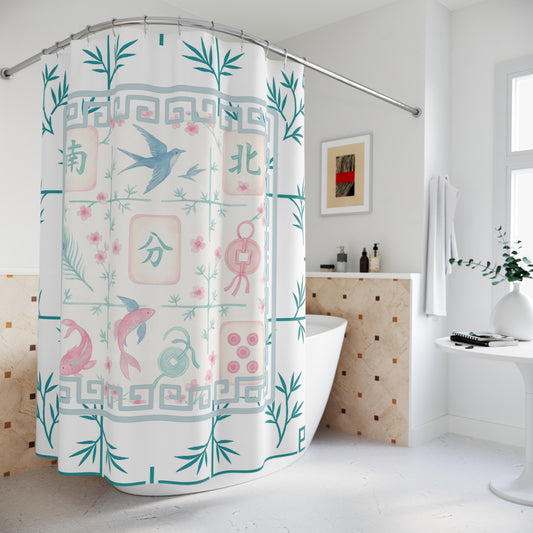 Mahjong Tiles Pastel Floral Shower Curtain, Elegant Bathroom Decor, Vintage-Inspired Design