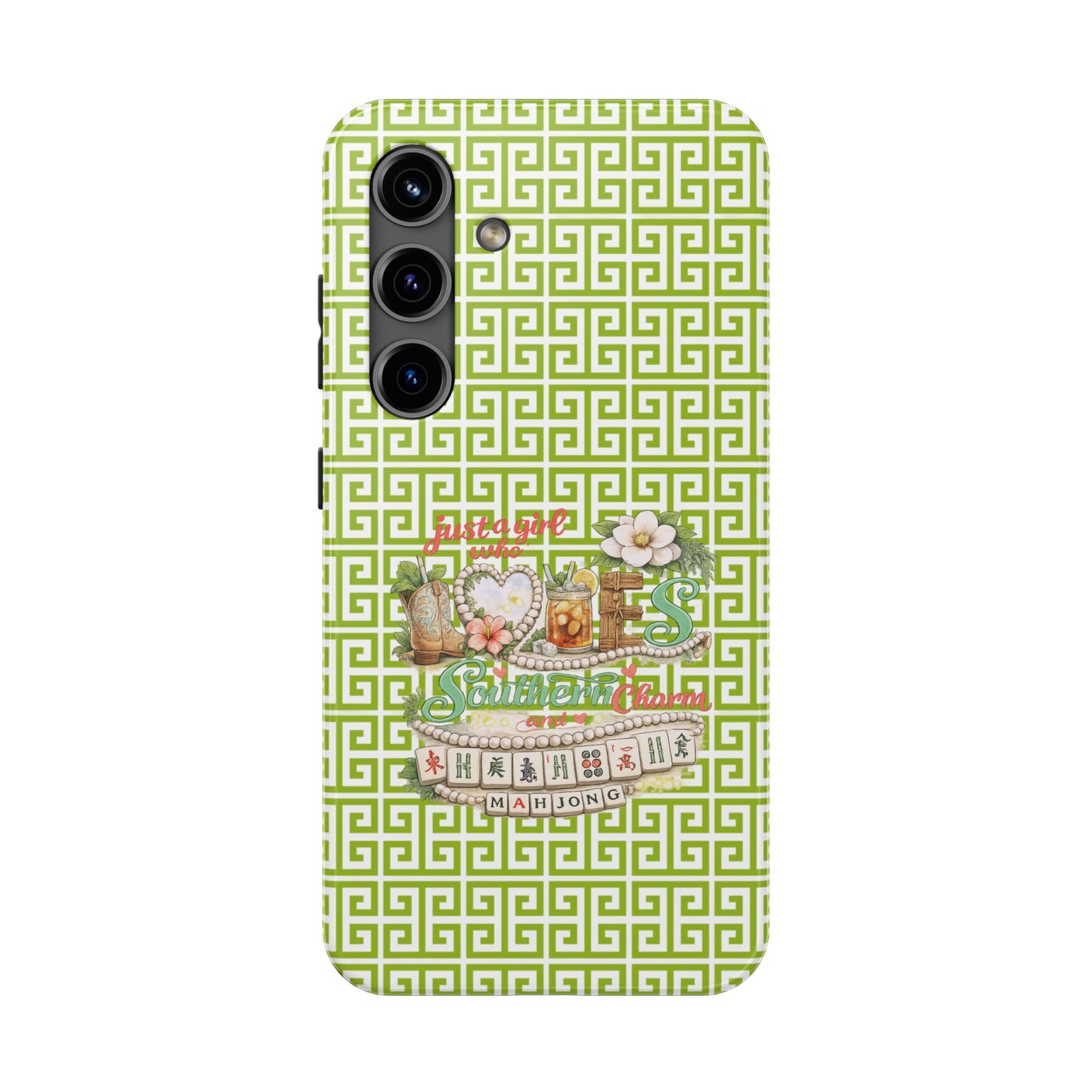 Mahjong Floral Pattern Just A Girl Who Loves Southern Charm and Mahjong Phone Case | Green Geometric Background - Splash of Color Co.