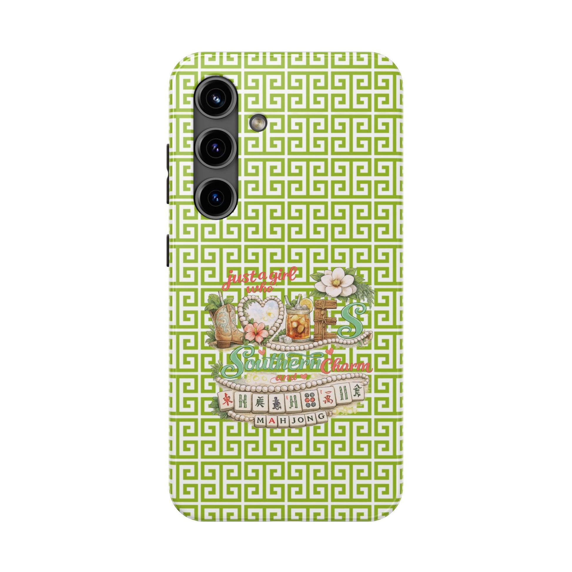 Mahjong Floral Pattern Just A Girl Who Loves Southern Charm and Mahjong Phone Case | Green Geometric Background - Splash of Color Co.
