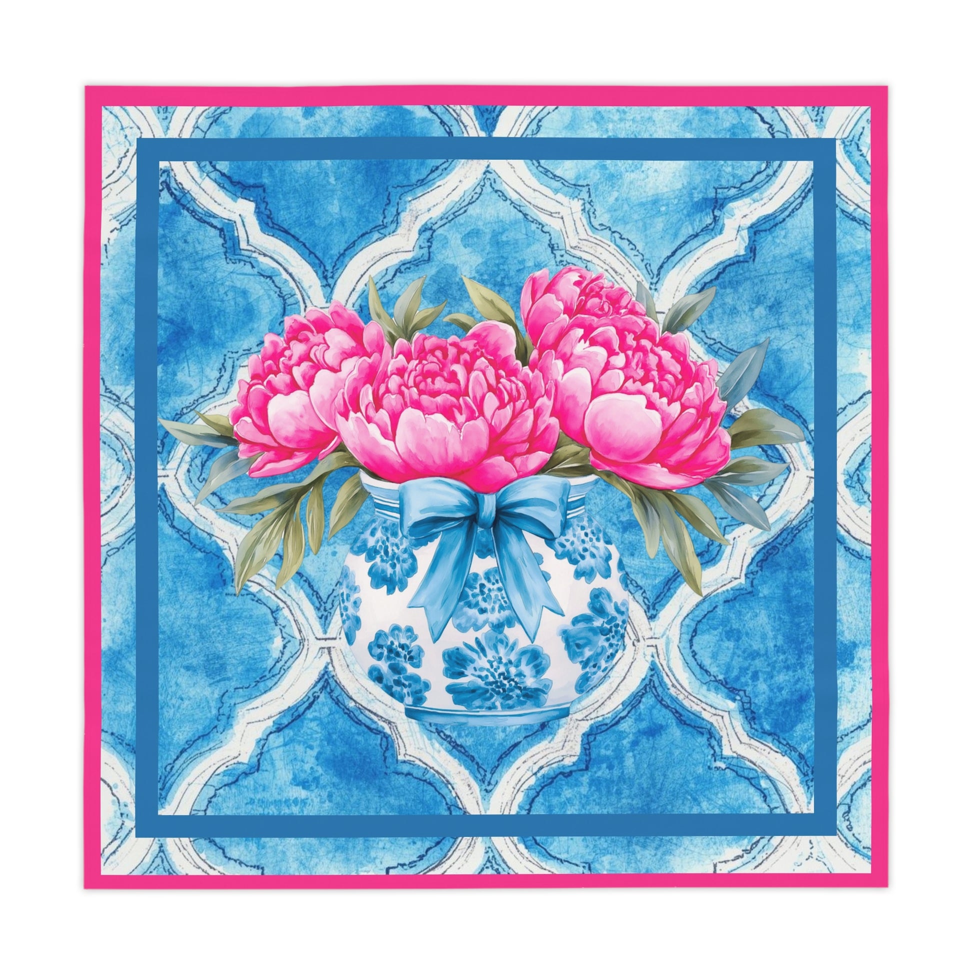 Blue Watercolor Asian Chinoiserie Tile Tablecloth With Pink Peonies - Splash of Color Co.