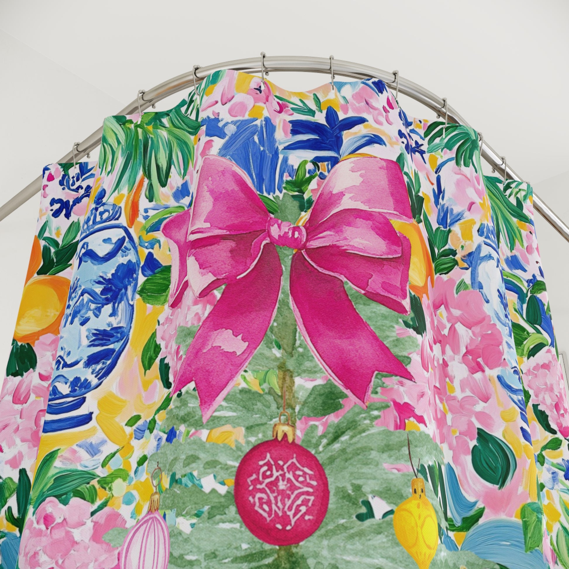 Chinoiserie Christmas Shower Curtain, Festive Floral Christmas Tree Design - Splash of Color Co.