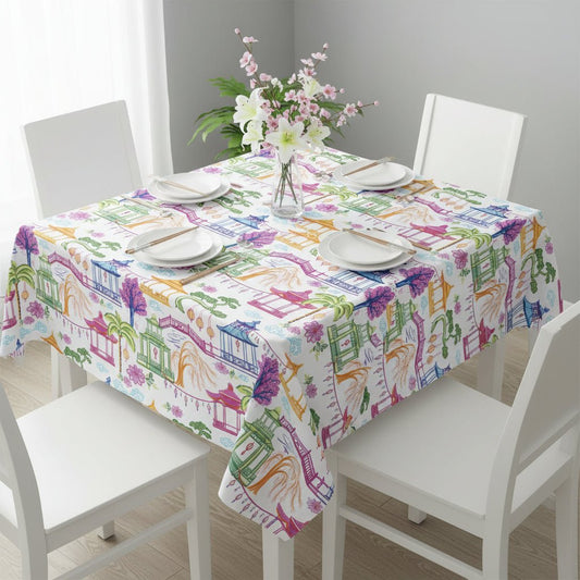 Chinoiserie Pagoda Mahjong Tablecloth – Asian Garden Pattern Decorative Table Cover - Splash of Color Co.