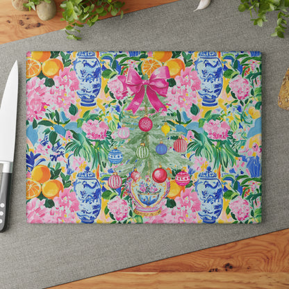 Christmas Chinoiserie Floral Festive Floral Glass Cutting Board - Holiday Kitchen Decor - Splash of Color Co.