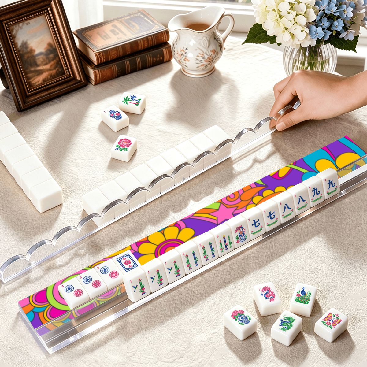 Psychadelic Boom Extended Mahjong Rack Set of 4 Scalloped Magnetic Tile Pusher - Splash Of Mahj And Color Co.