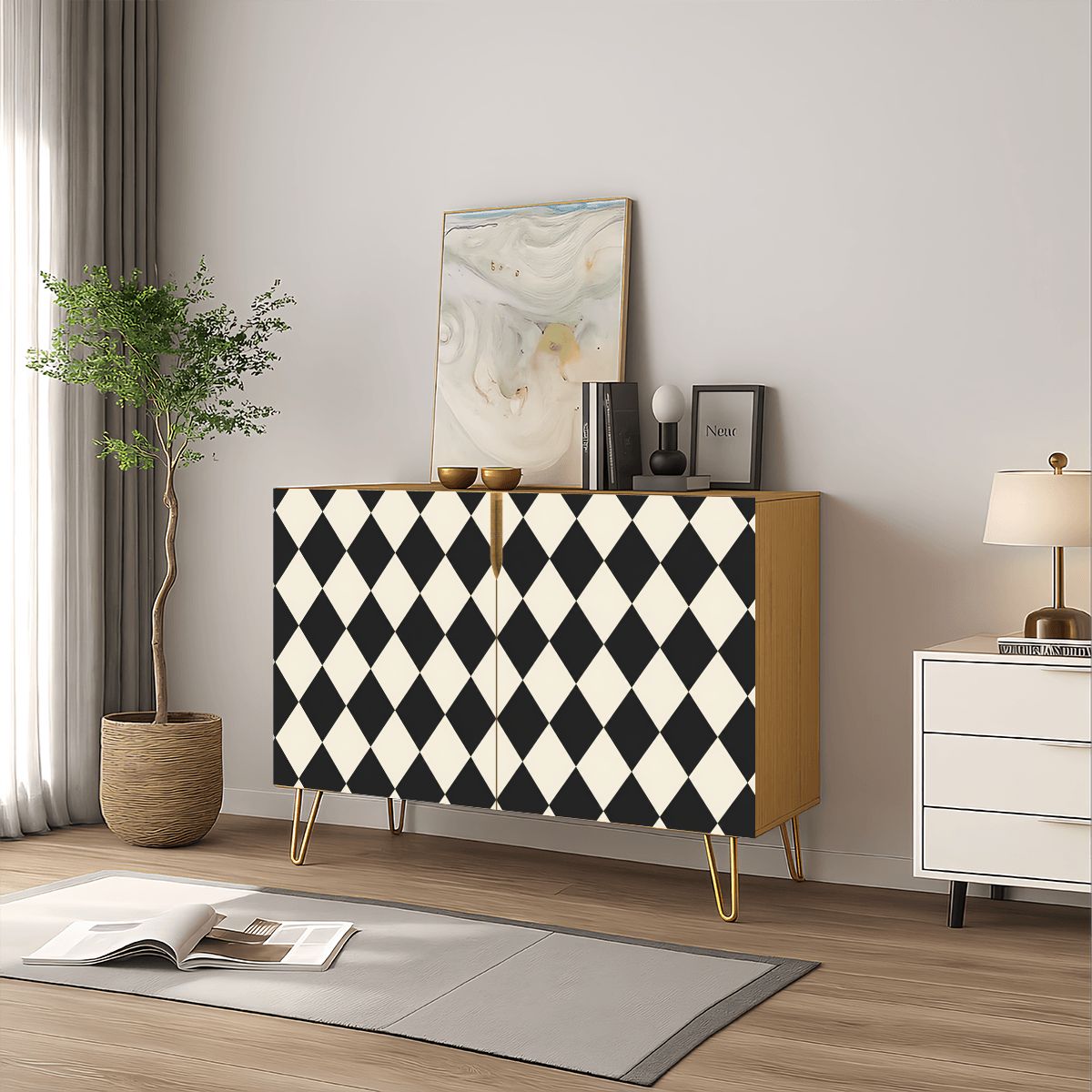 Black And Cream Harlequin Designed Mahjong Tiles And Accessories Sideboard Credenza Cabinet - Splash Of Mahj And Color Co.