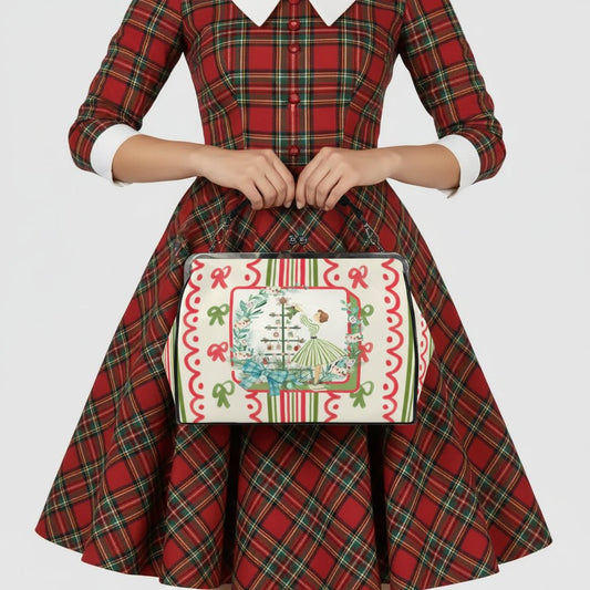 Books And Nooks Mahjong Lover Nostalgic Christmas Handbag, Kisslock Shoulder Bag - Splash Of Mahj And Color Co.