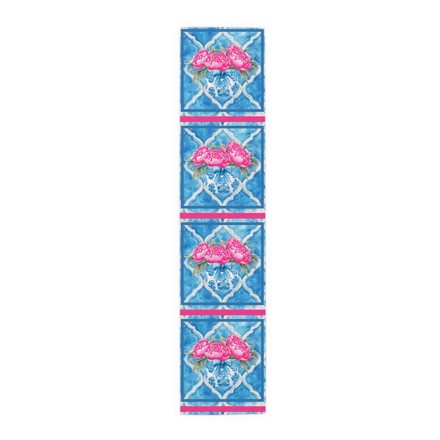 Pink Peony Floral Tile Table Runner — Blue Moroccan Watercolor Pattern - Splash of Color Co.